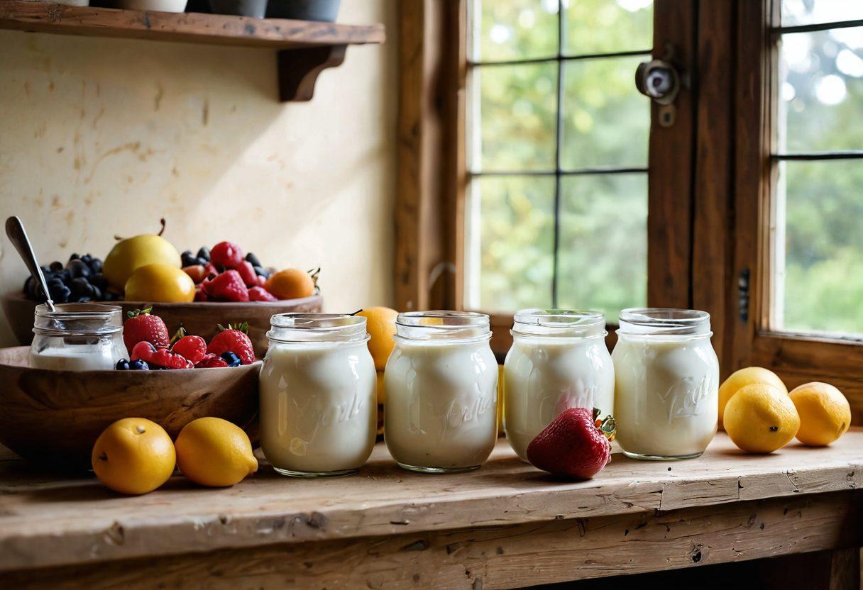 A rustic kitchen countertop adorned with jars of homemade yogurt in various stages of culture, surrounded by fresh fruits, a whisk, and a thermometer. Soft morning light filters through a window, casting a warm glow. A handwritten recipe card sits beside the yogurt jars, inviting the viewer into the process of yogurt making. The scene exudes a cozy, homely feel, showcasing the joy of mastering yogurt at home. soft focus. vibrant colors. natural lighting.