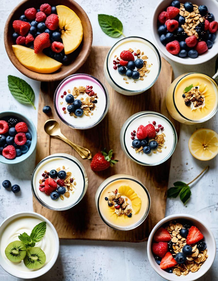 A visually enticing layout featuring a variety of yogurt creations, including colorful smoothies in clear glasses topped with fresh fruits, and elegant desserts like yogurt parfaits with layers of granola and berries. Include a rustic wooden table setting with pastel-colored bowls and spoons, accented by a splash of honey and a sprig of mint for garnish. Soft natural lighting enhances the freshness of the ingredients, evoking a warm and inviting atmosphere. vibrant colors. super-realistic. white background.